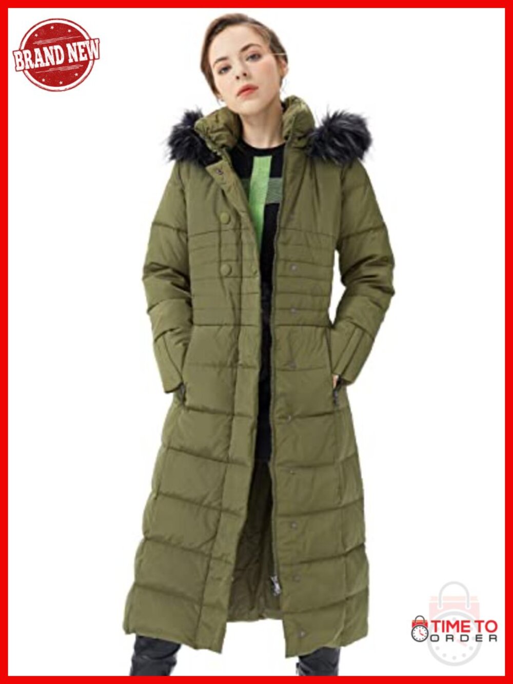 Women's Warm Down Jacket Hooded Long Puffer Coat with Faux Fur Trim